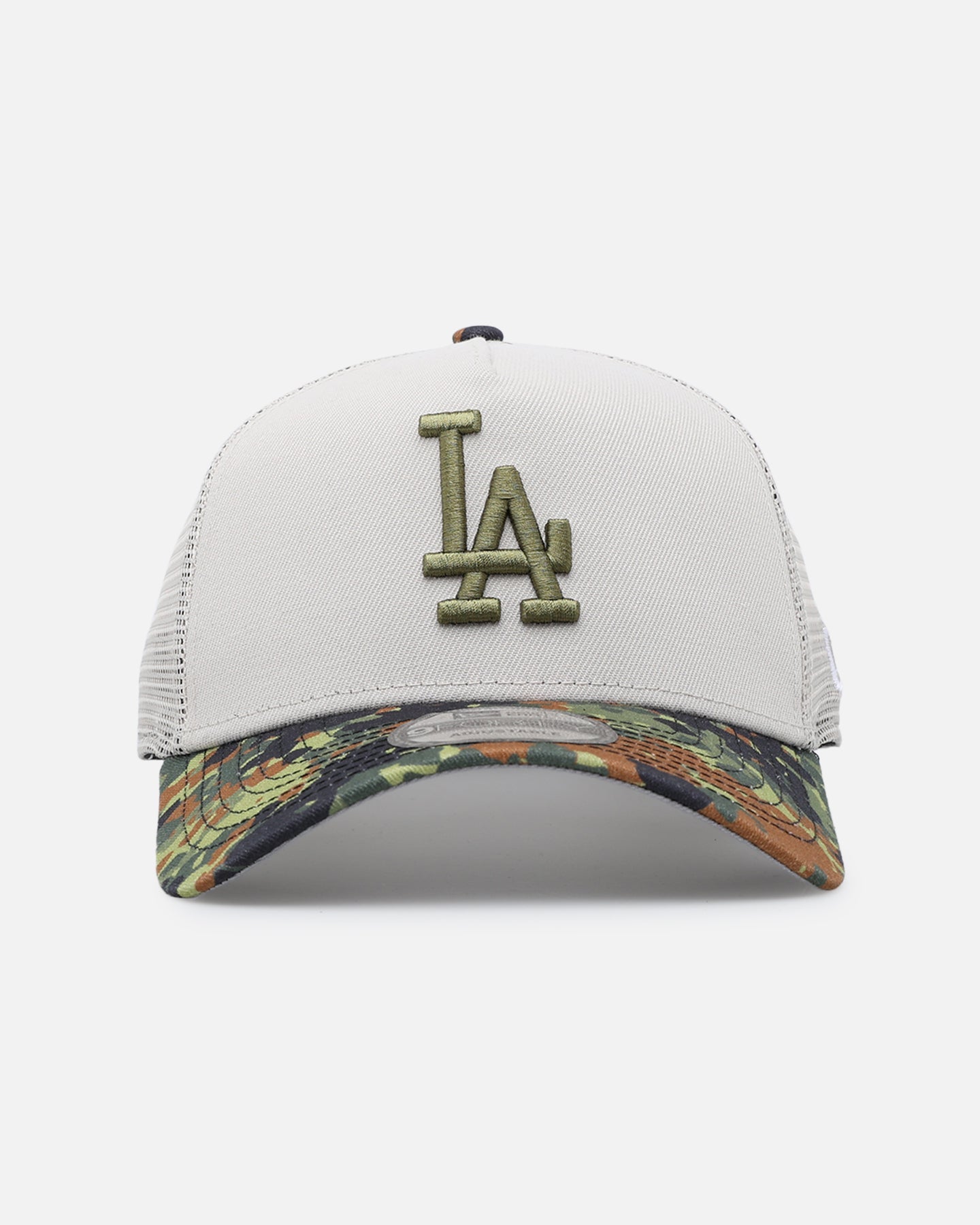 New Era Los Angeles Dodgers "Camo Visor" 9FORTY A-Frame Trucker Snapback Stone/Olive