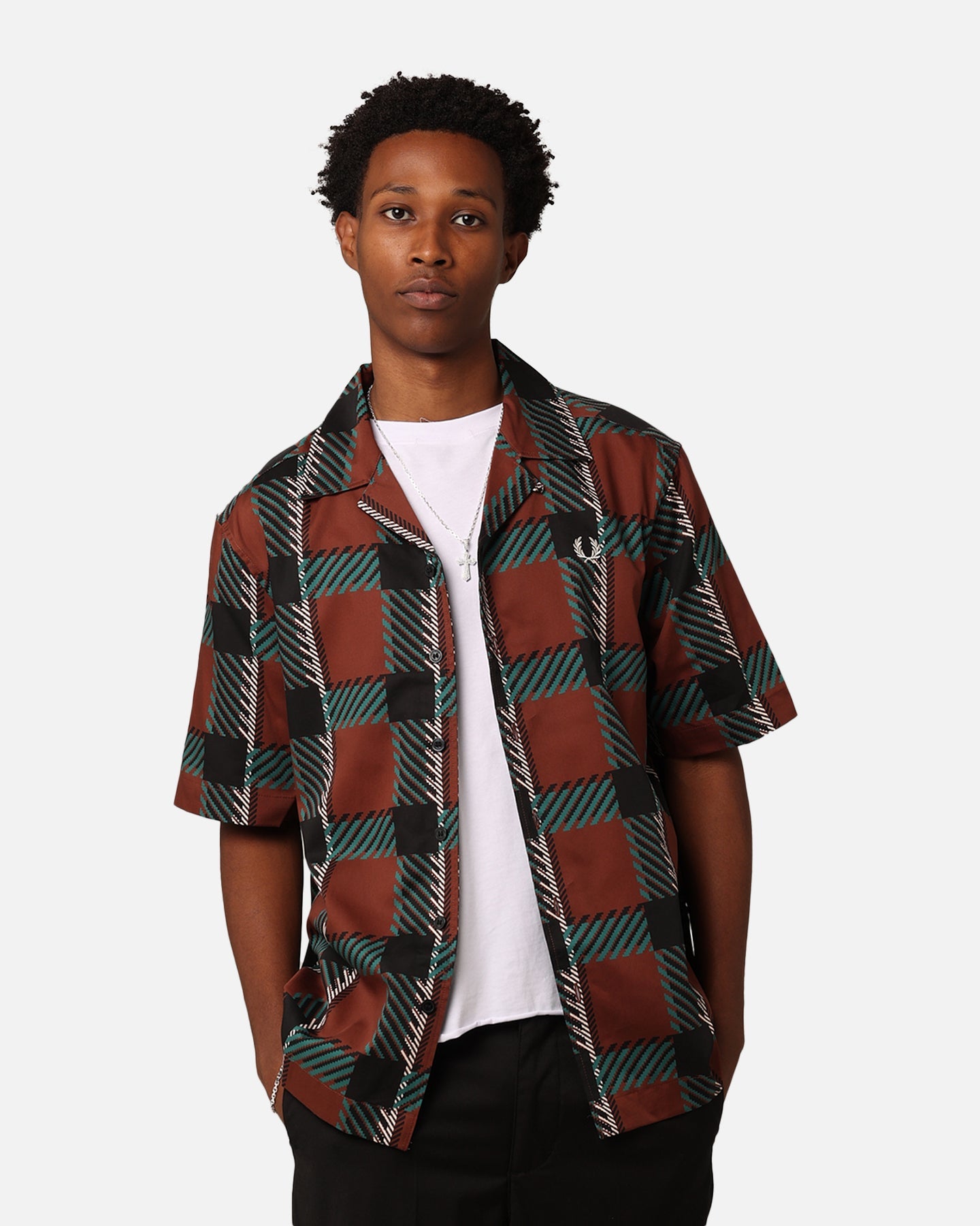 Fred Perry Glitch Tartan Revere Collared Shirt Whisky Brown