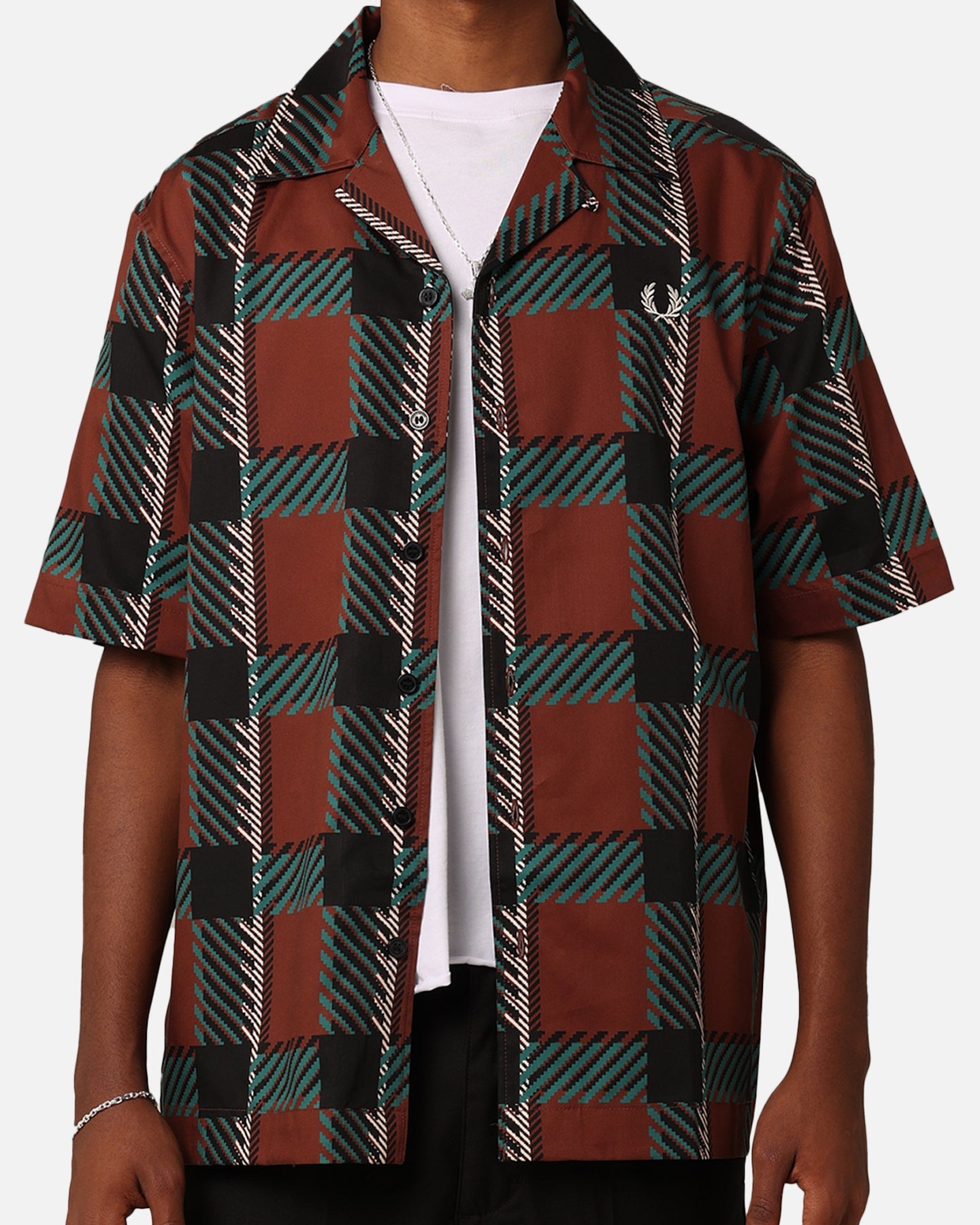 Fred Perry Glitch Tartan Revere Collared Shirt Whisky Brown