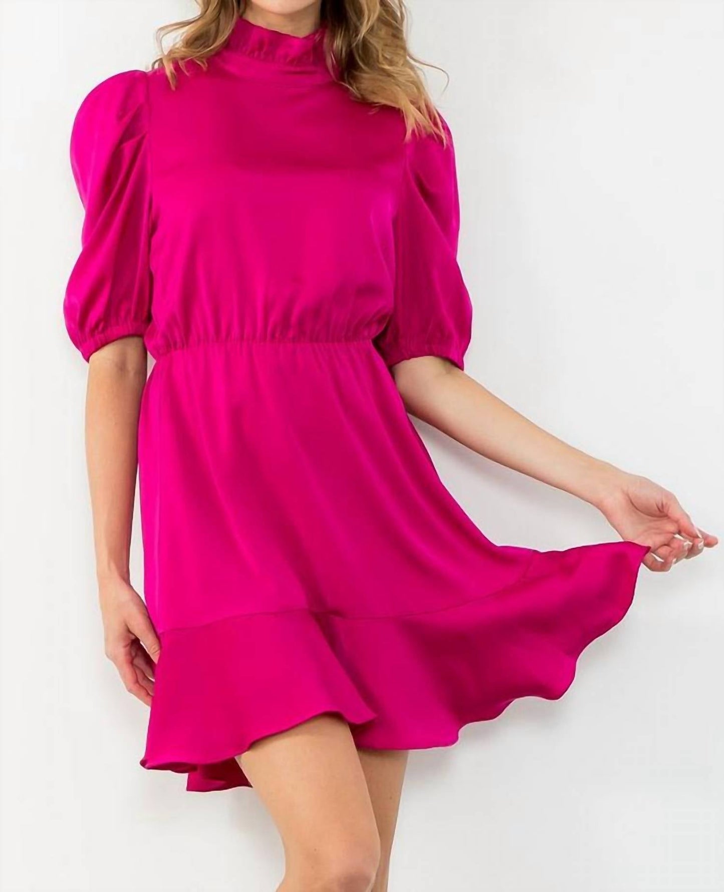 Satin Ruffle Hem Dress In Magenta