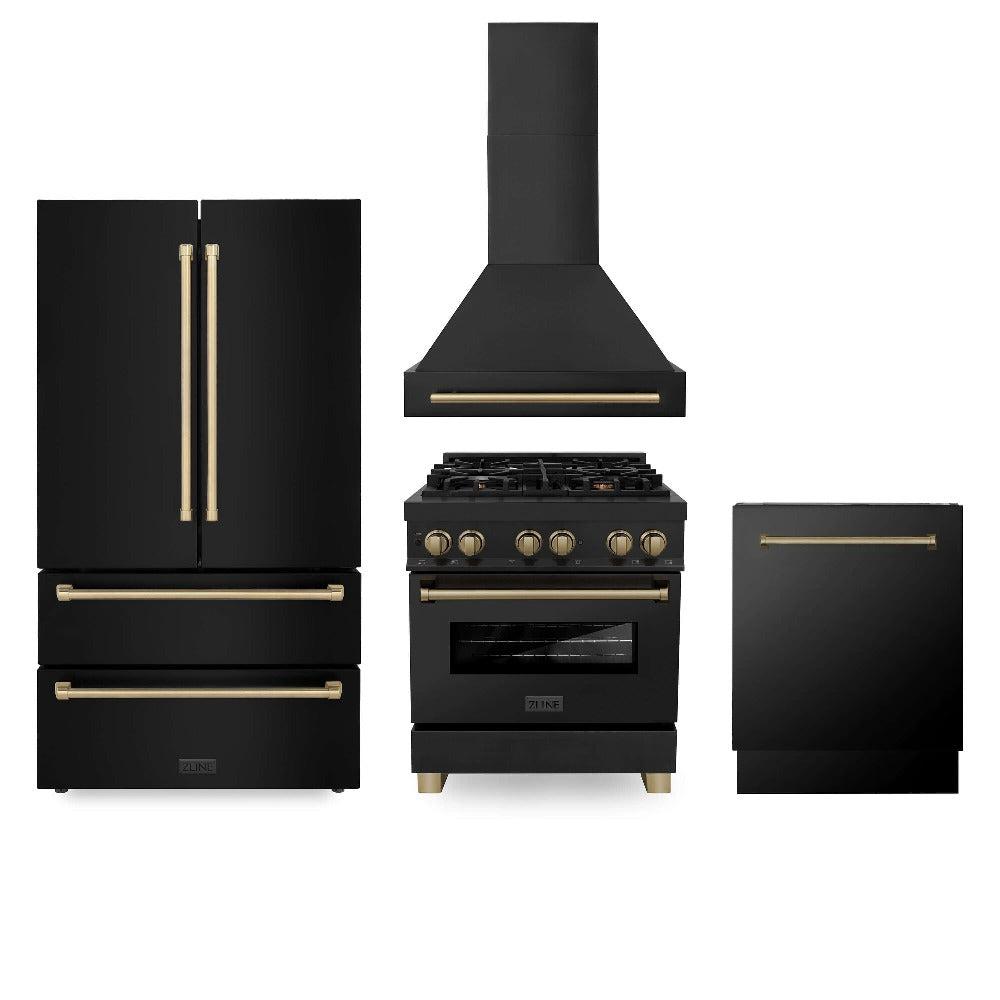 ZLINE Autograph Edition 30 in. Kitchen Package with Black Stainless Steel Dual Fuel Range, Range Hood, Dishwasher, and Refrigerator with External Water Dispenser with Champagne Bronze Accents (4AKPR-RABRHDWV30-CB)