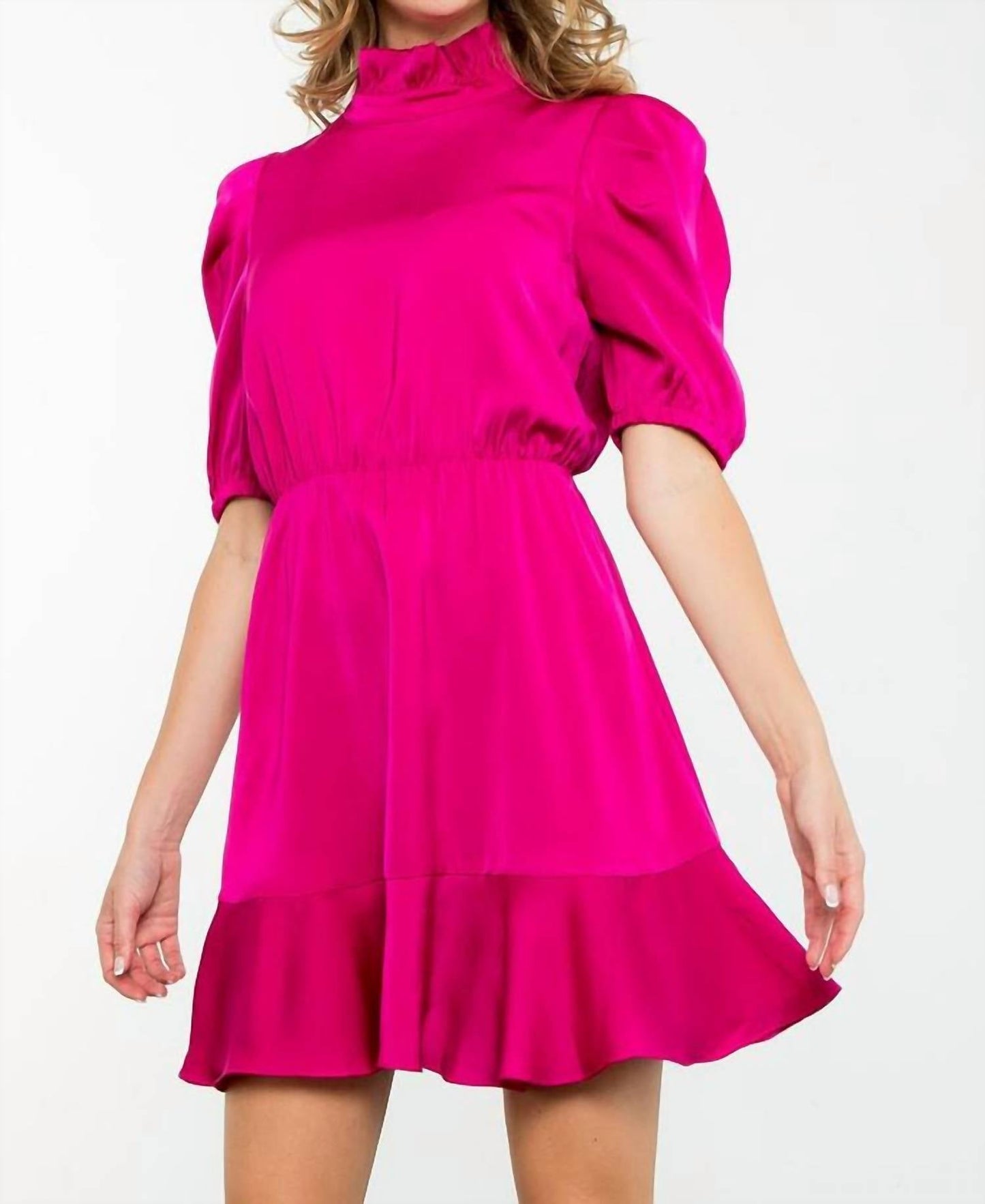 Satin Ruffle Hem Dress In Magenta