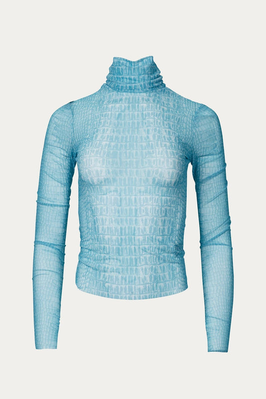 Zadie Power Mesh Turtleneck Top In Aqua Snake