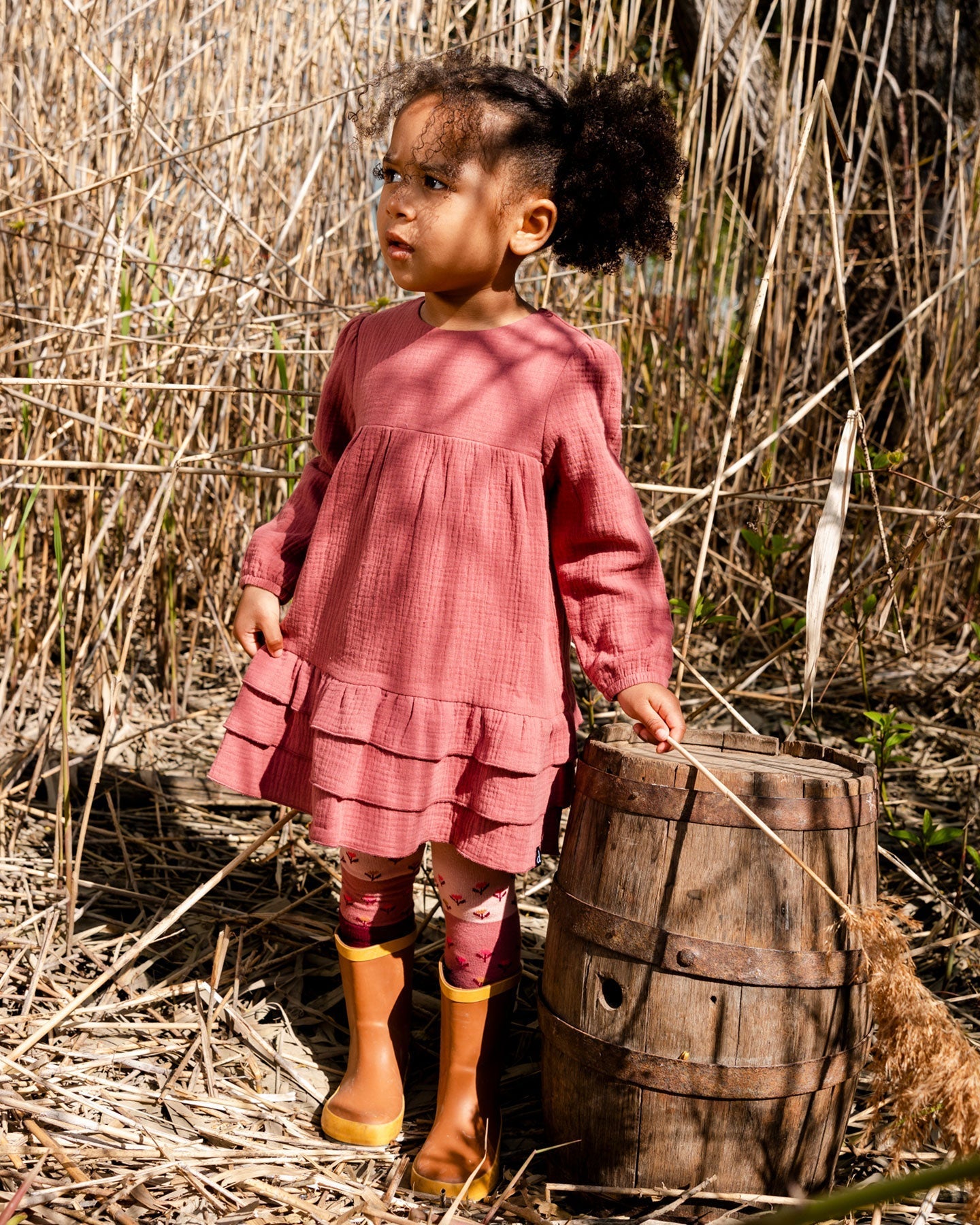 Muslin Long Sleeve Dress With Frills Plum