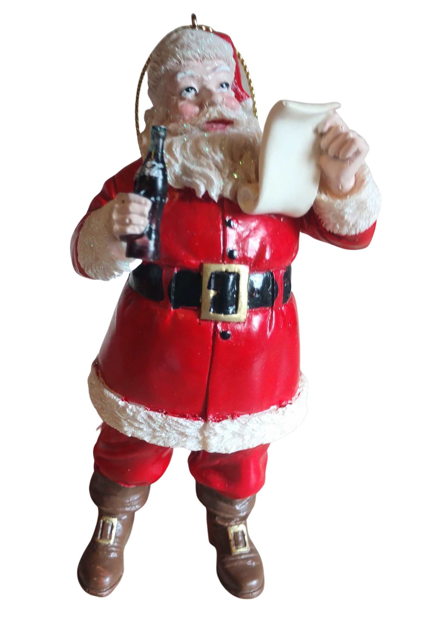 Santa Ornament Holding Bottle of Coke & Checking His List  5" Resin