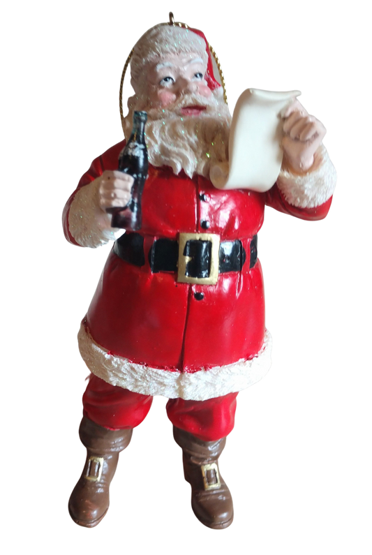 Santa Ornament Holding Bottle of Coke & Checking His List  5" Resin