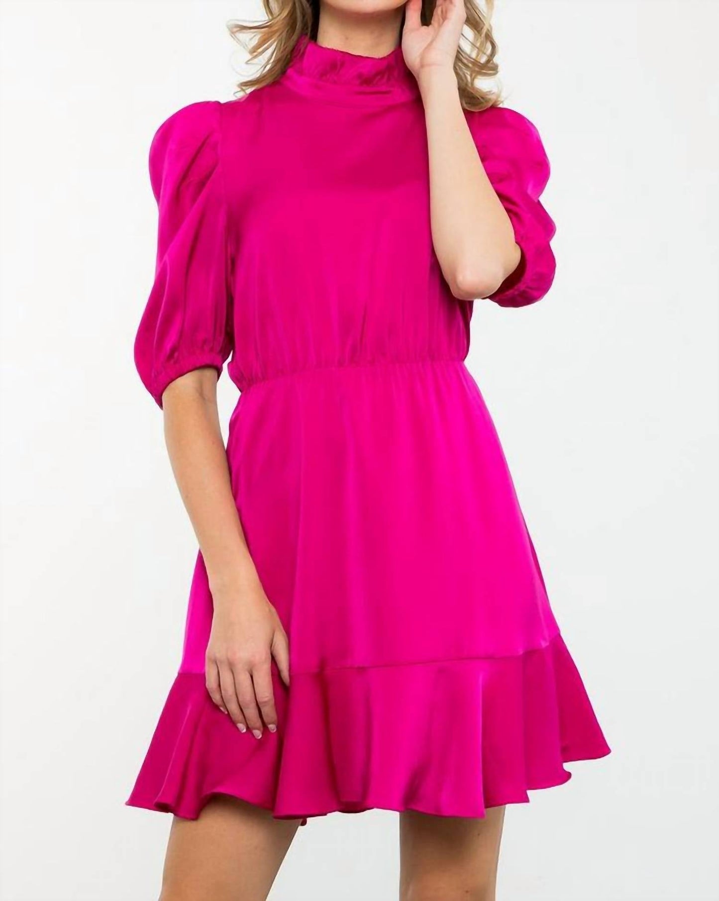 Satin Ruffle Hem Dress In Magenta