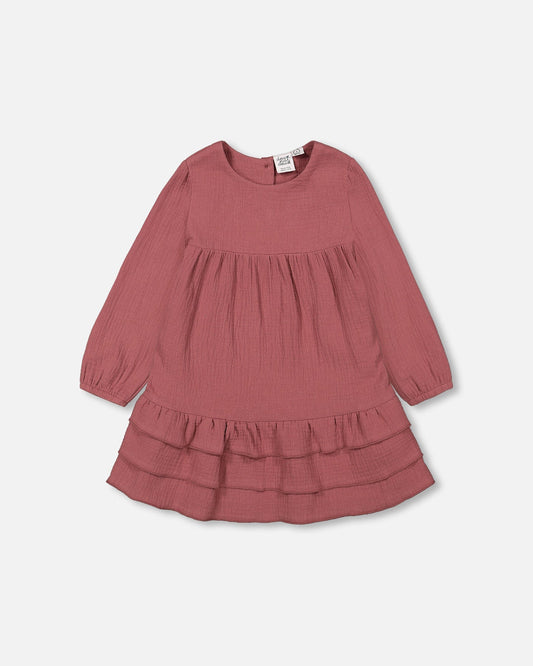 Muslin Long Sleeve Dress With Frills Plum