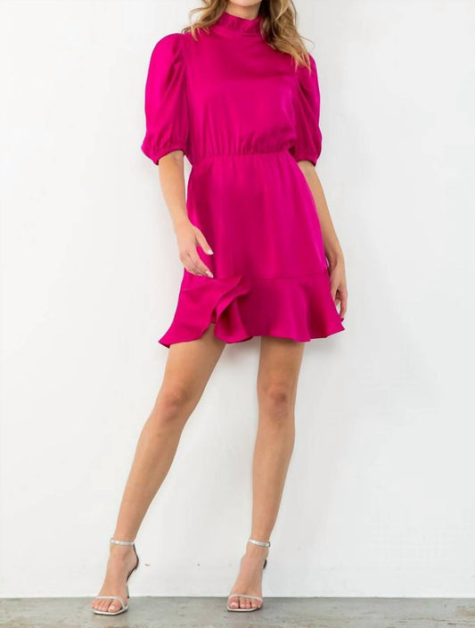 Satin Ruffle Hem Dress In Magenta