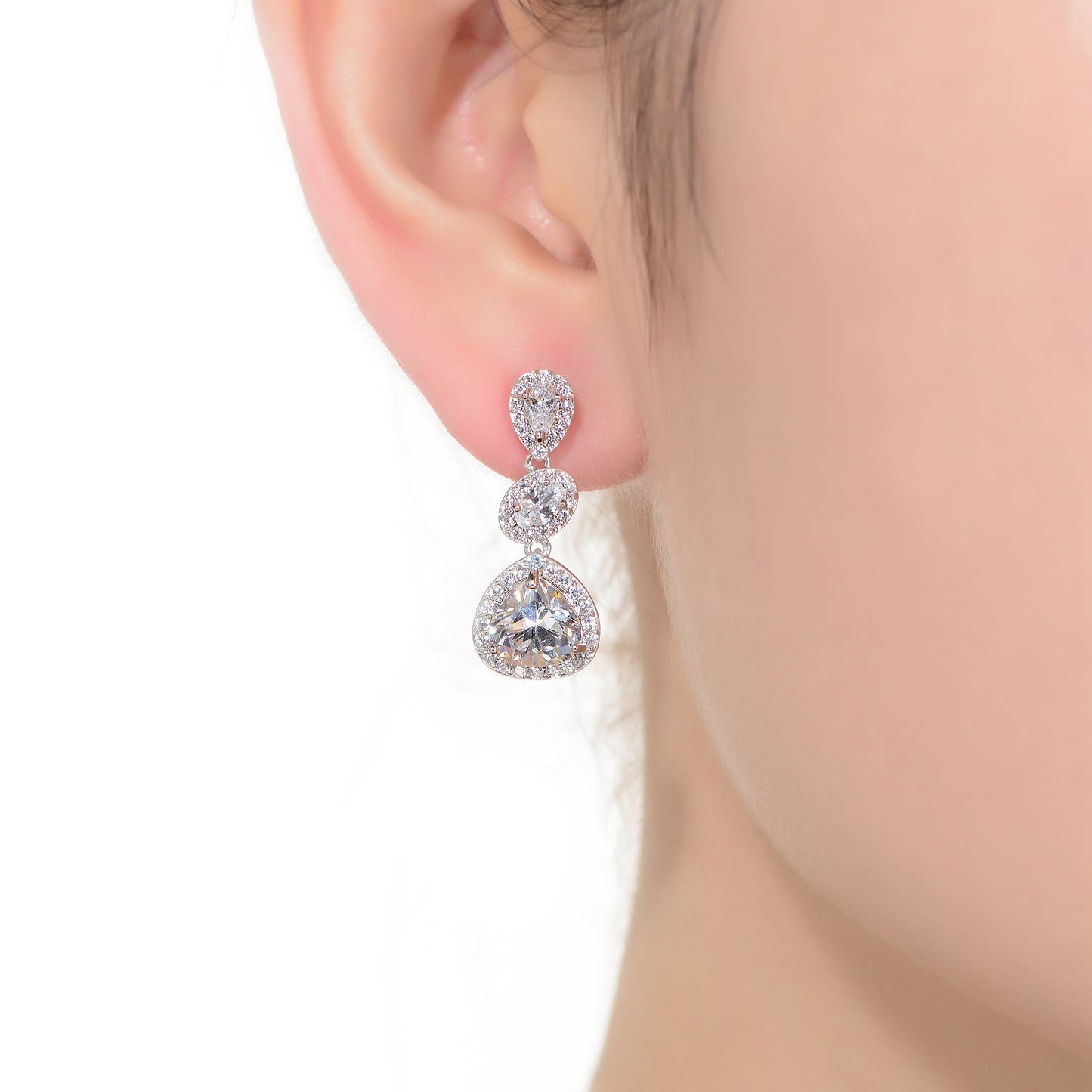 GENEVIVE Sterling Silver Cubic Zirconia Halo Three Tier Drop Earrings