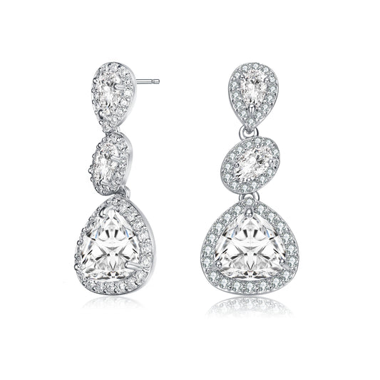 GENEVIVE Sterling Silver Cubic Zirconia Halo Three Tier Drop Earrings