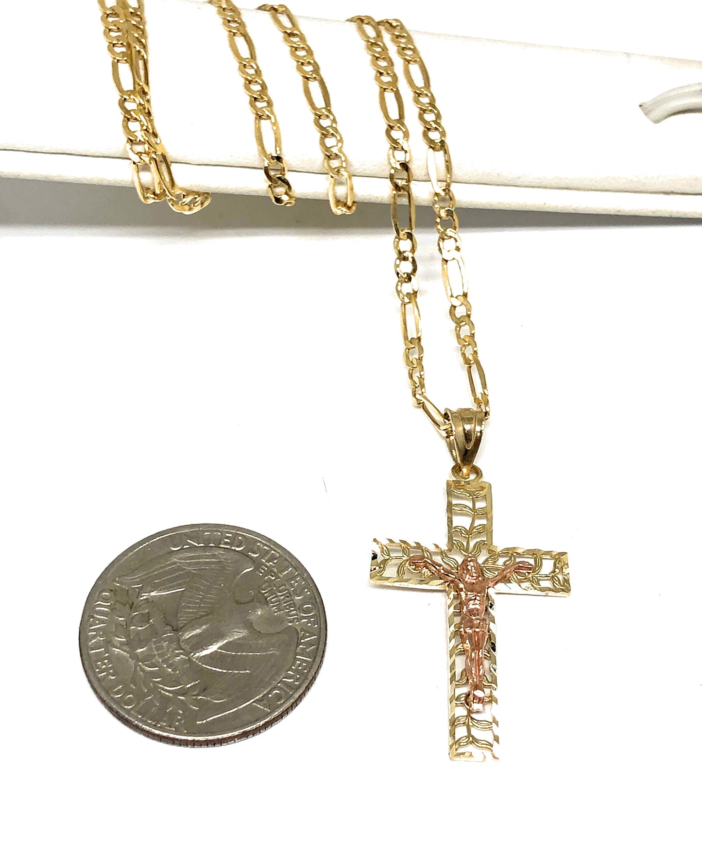 10k Solid Gold Yellow & Rose 2-Tone Filigran Leaf Jesus Cross Crucifix Pendant Necklace