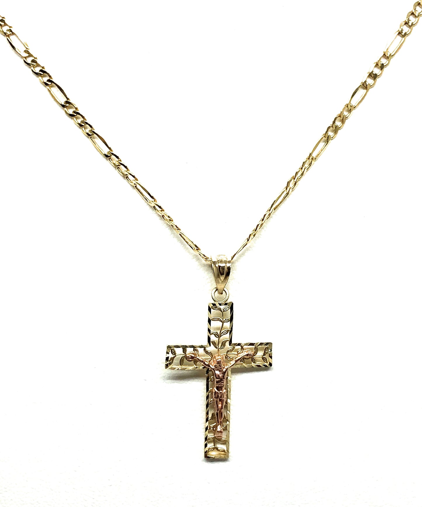 10k Solid Gold Yellow & Rose 2-Tone Filigran Leaf Jesus Cross Crucifix Pendant Necklace