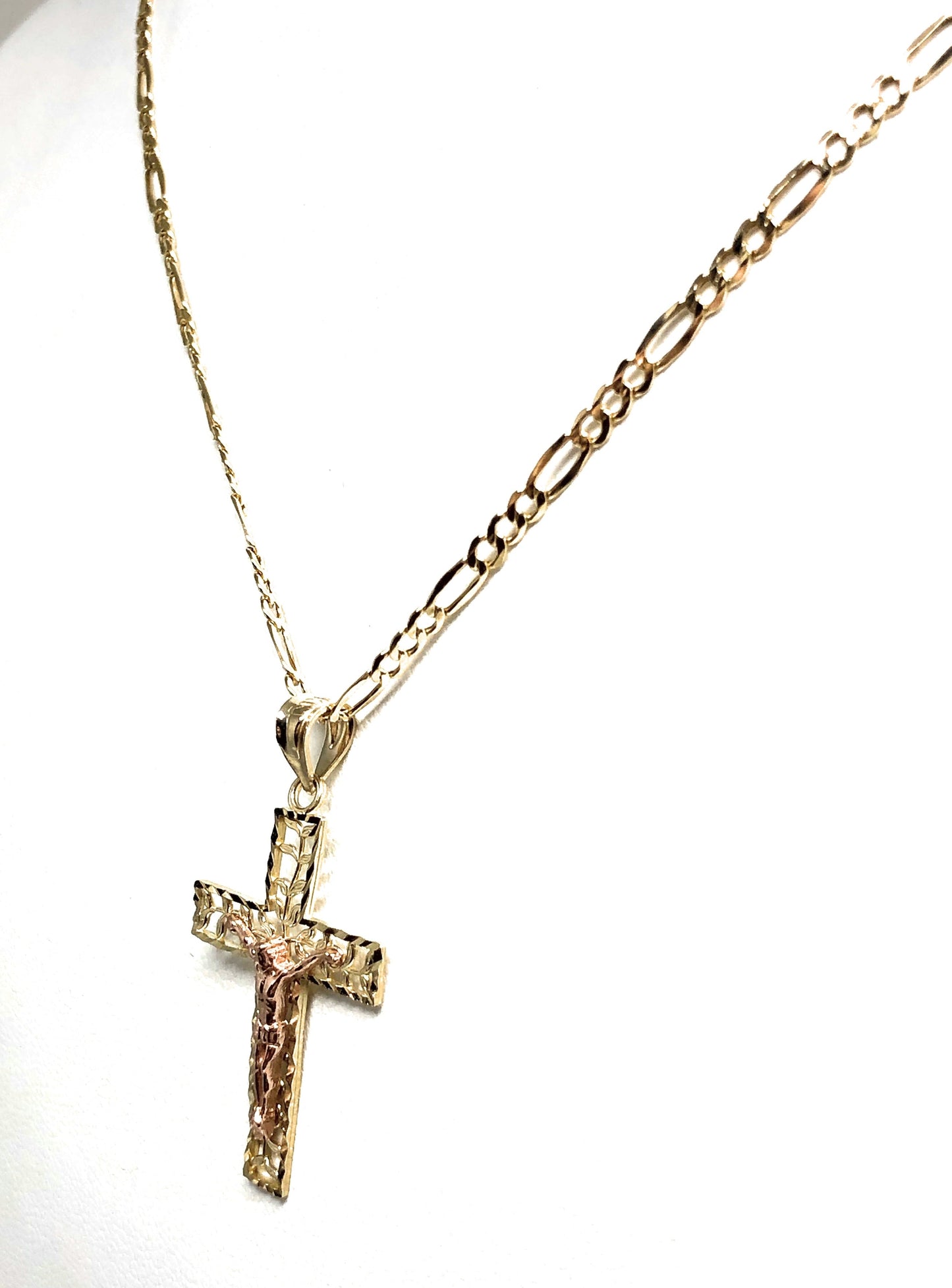 10k Solid Gold Yellow & Rose 2-Tone Filigran Leaf Jesus Cross Crucifix Pendant Necklace