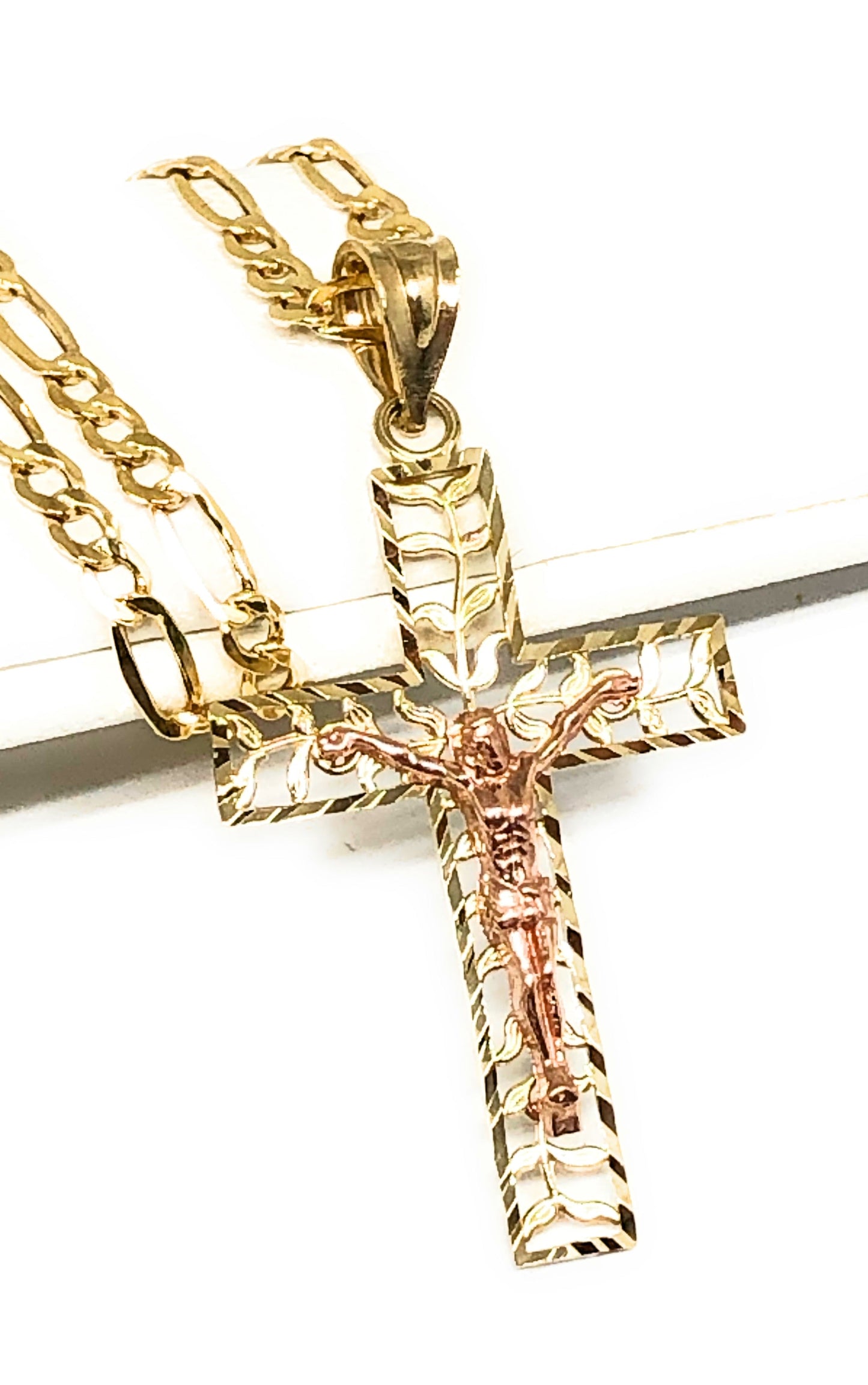 10k Solid Gold Yellow & Rose 2-Tone Filigran Leaf Jesus Cross Crucifix Pendant Necklace