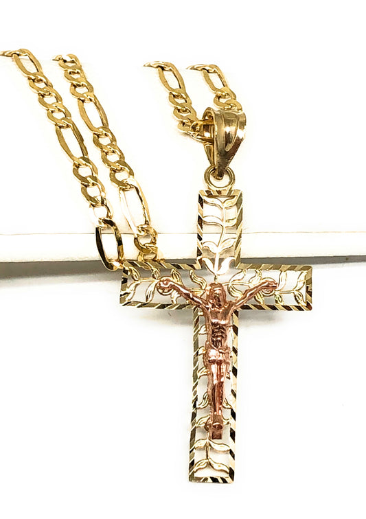 10k Solid Gold Yellow & Rose 2-Tone Filigran Leaf Jesus Cross Crucifix Pendant Necklace