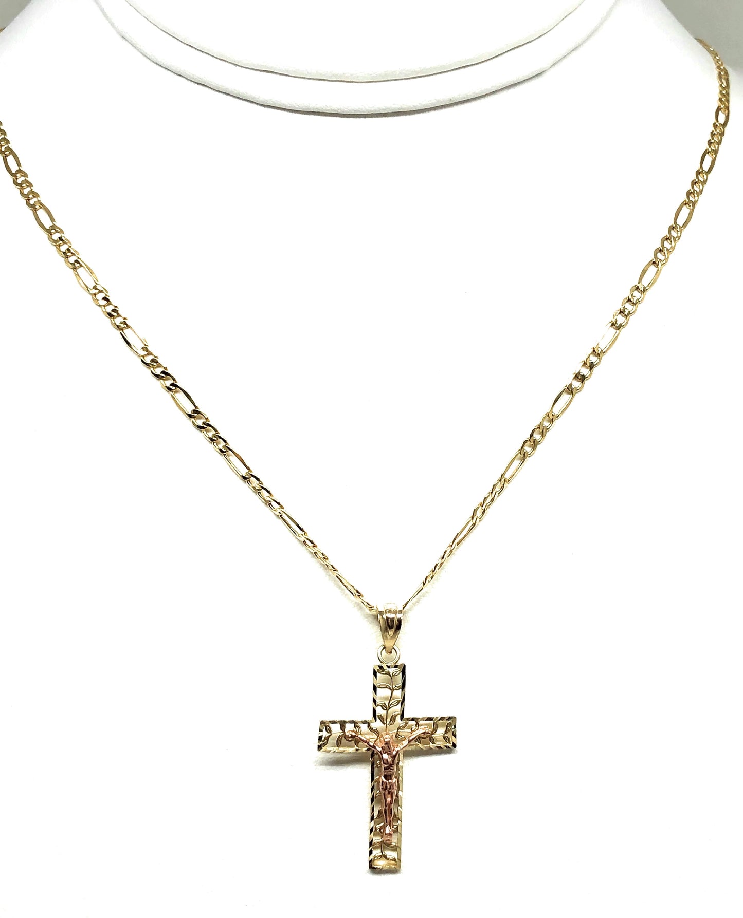 10k Solid Gold Yellow & Rose 2-Tone Filigran Leaf Jesus Cross Crucifix Pendant Necklace