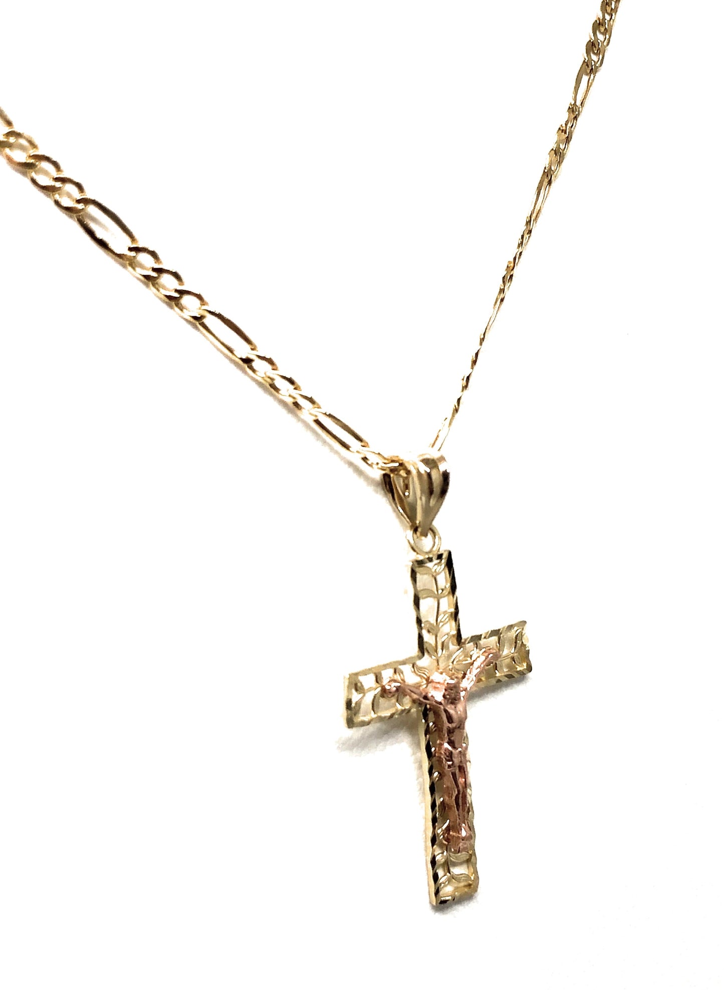 10k Solid Gold Yellow & Rose 2-Tone Filigran Leaf Jesus Cross Crucifix Pendant Necklace