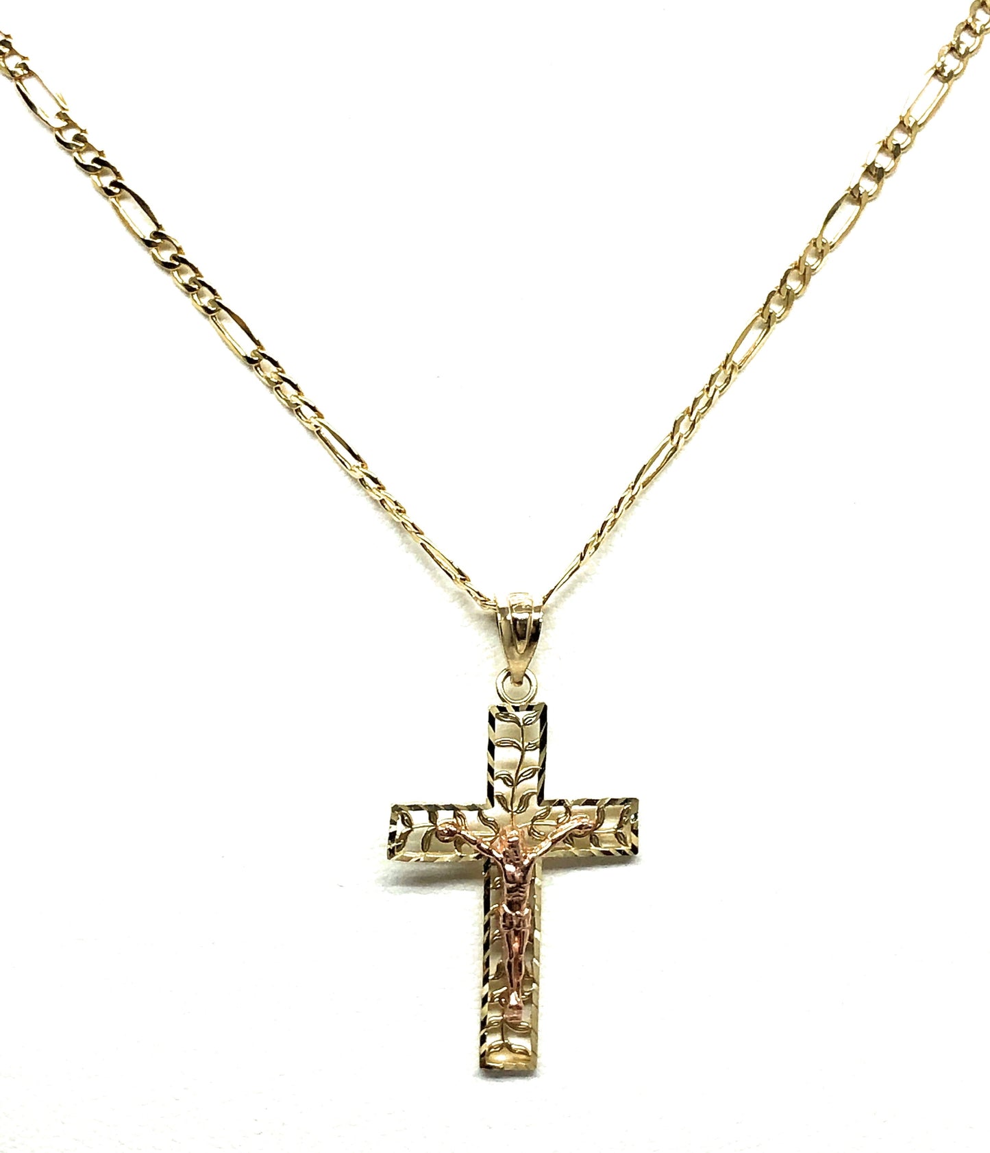 10k Solid Gold Yellow & Rose 2-Tone Filigran Leaf Jesus Cross Crucifix Pendant Necklace