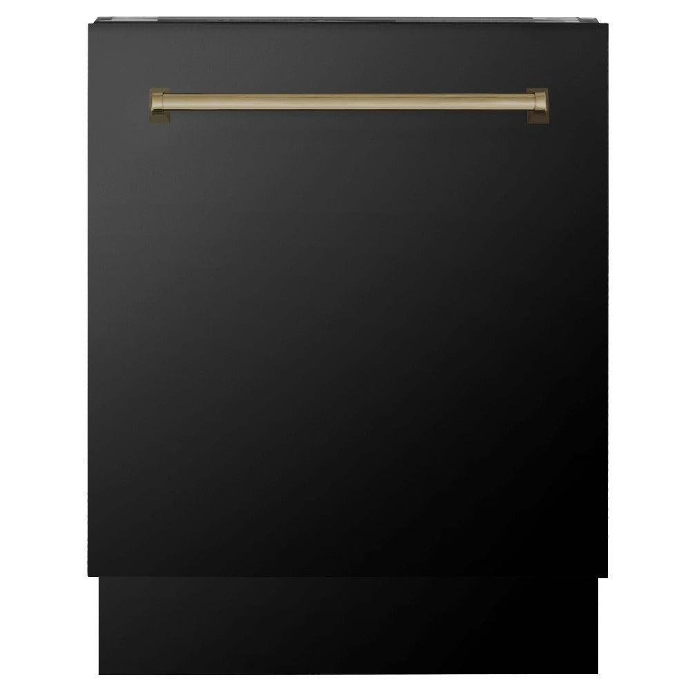 ZLINE Autograph Edition 30 in. Kitchen Package with Black Stainless Steel Dual Fuel Range, Range Hood, Dishwasher, and Refrigerator with External Water Dispenser with Champagne Bronze Accents (4AKPR-RABRHDWV30-CB)