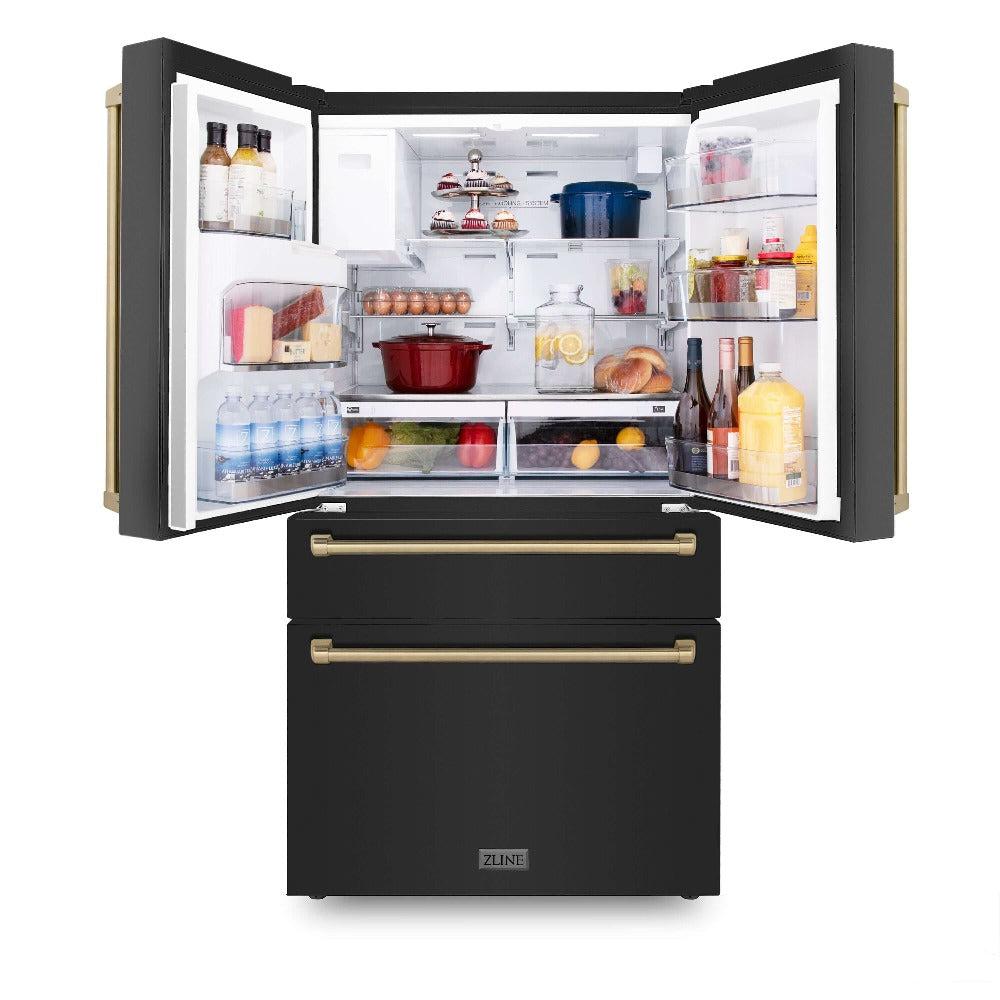 ZLINE Autograph Edition 30 in. Kitchen Package with Black Stainless Steel Dual Fuel Range, Range Hood, Dishwasher, and Refrigerator with External Water Dispenser with Champagne Bronze Accents (4AKPR-RABRHDWV30-CB)