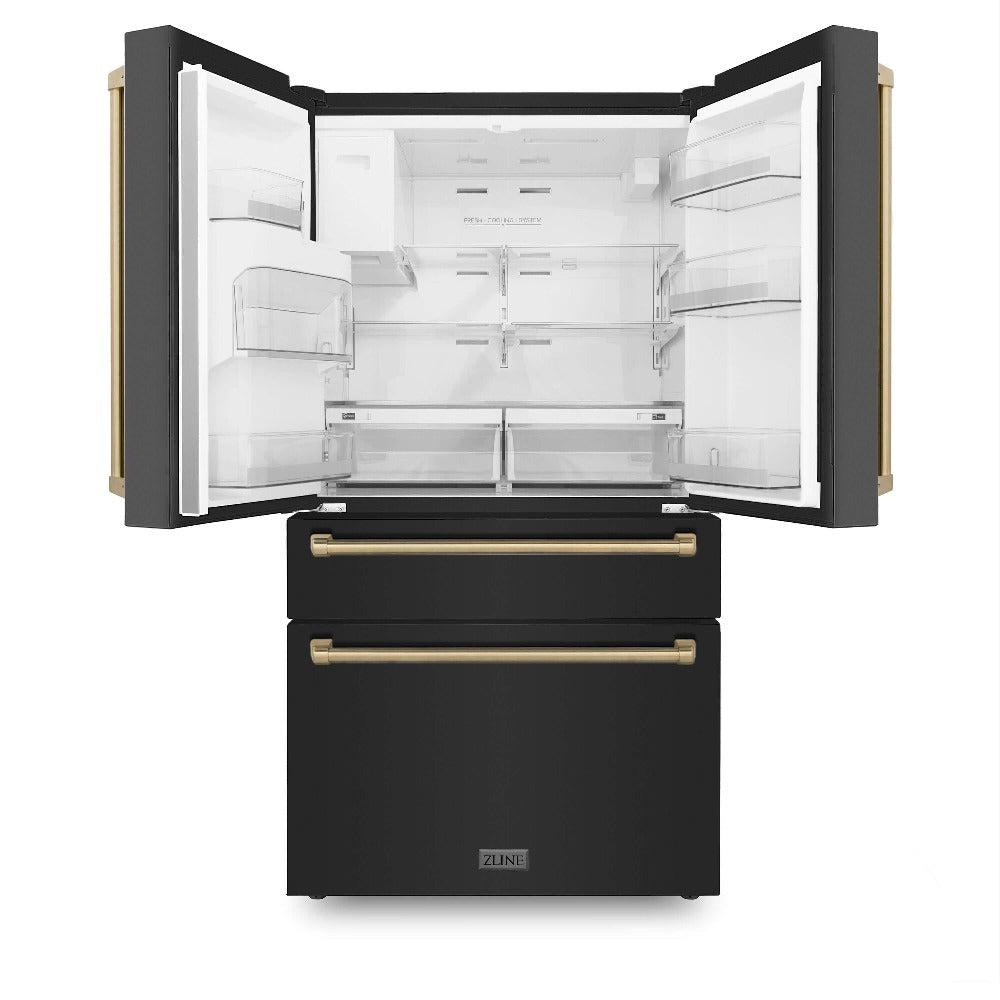 ZLINE Autograph Edition 30 in. Kitchen Package with Black Stainless Steel Dual Fuel Range, Range Hood, Dishwasher, and Refrigerator with External Water Dispenser with Champagne Bronze Accents (4AKPR-RABRHDWV30-CB)