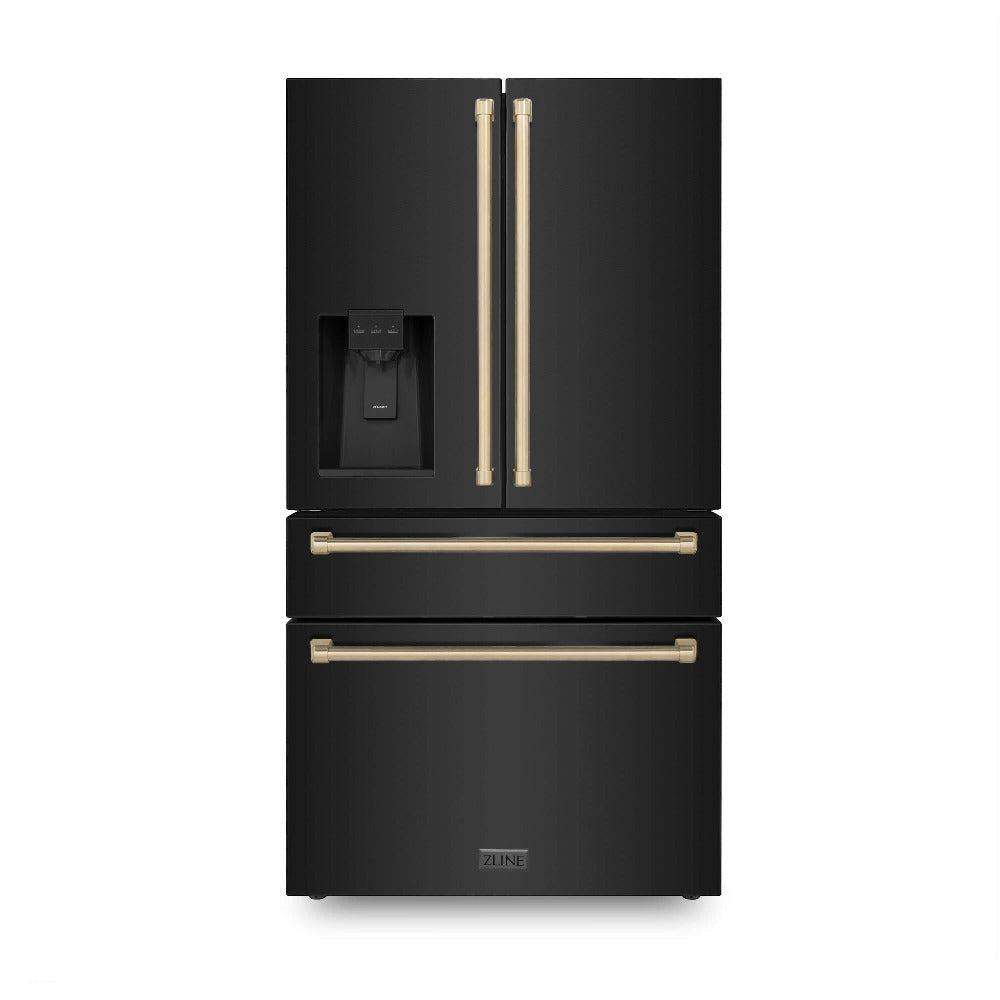 ZLINE Autograph Edition 30 in. Kitchen Package with Black Stainless Steel Dual Fuel Range, Range Hood, Dishwasher, and Refrigerator with External Water Dispenser with Champagne Bronze Accents (4AKPR-RABRHDWV30-CB)